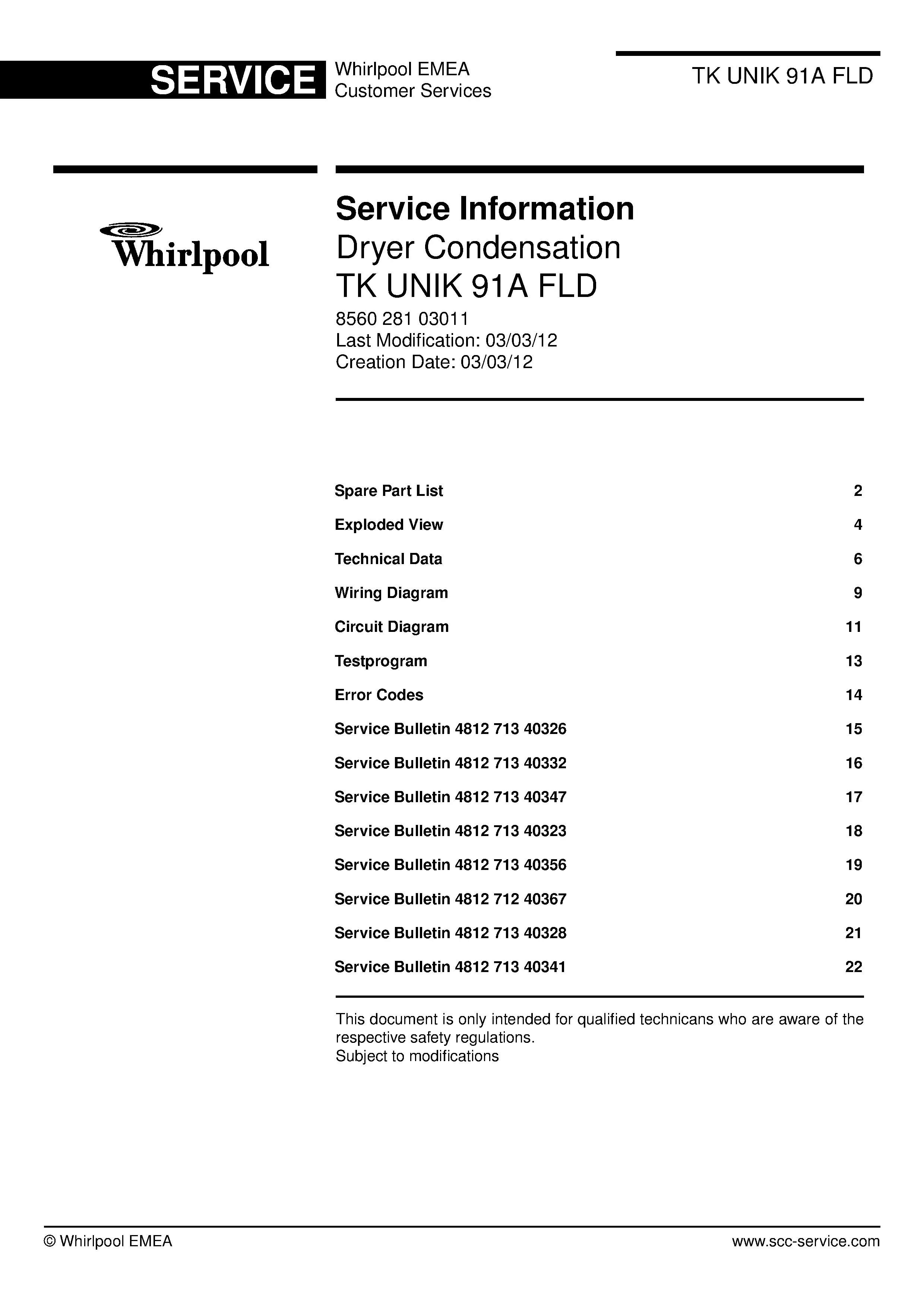 Bauknecht tk unik 91a fld service manual cover dryer type and model code, publication date and manual contents