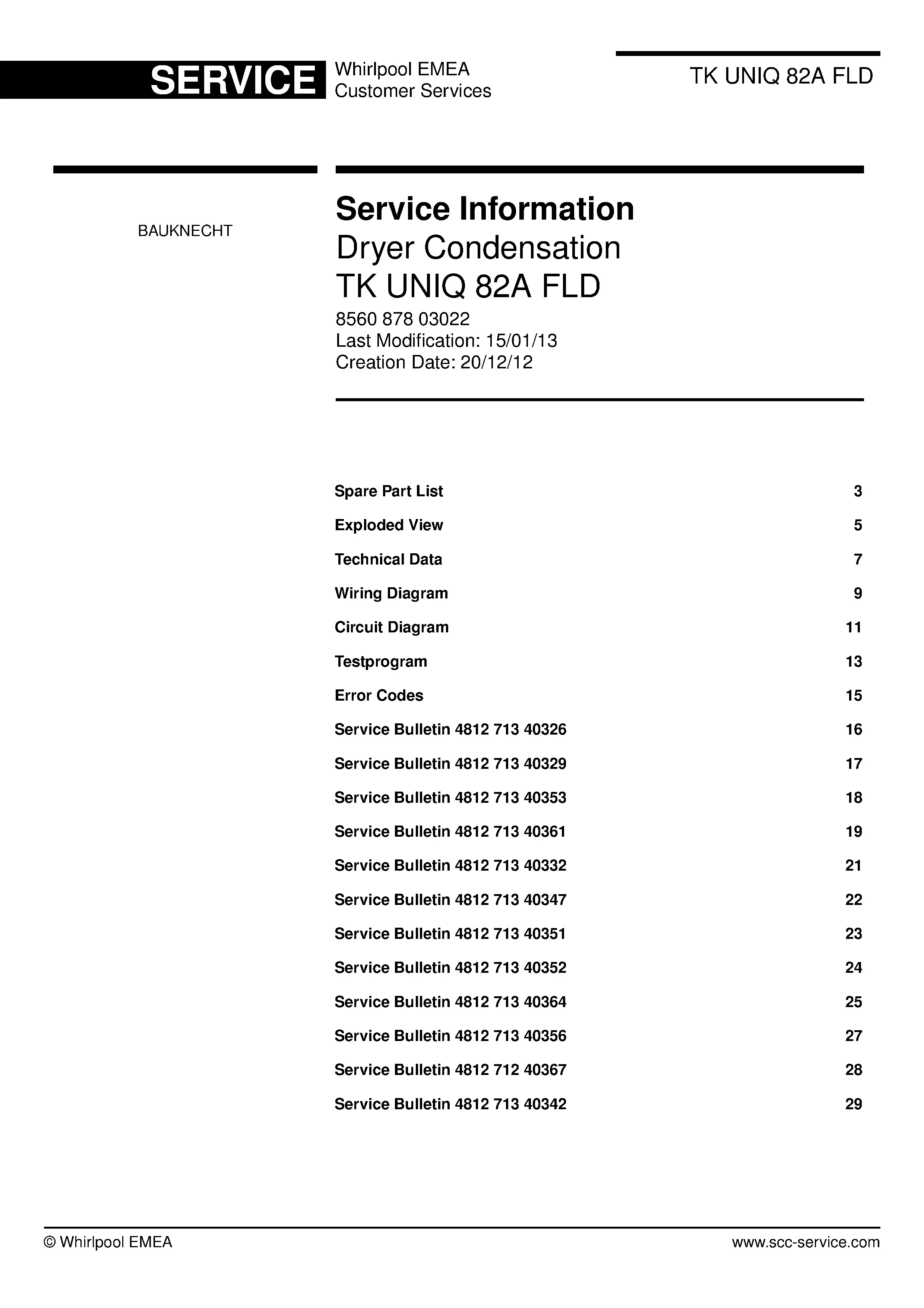 Bauknecht tk uniq 82a fld service manual cover dryer type and model code, publication date and manual contents