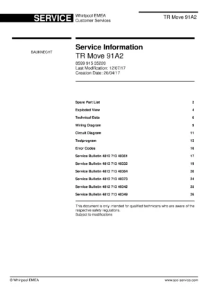 Bauknecht tr move 91a2 service manual cover dryer type and model code, publication date and manual contents