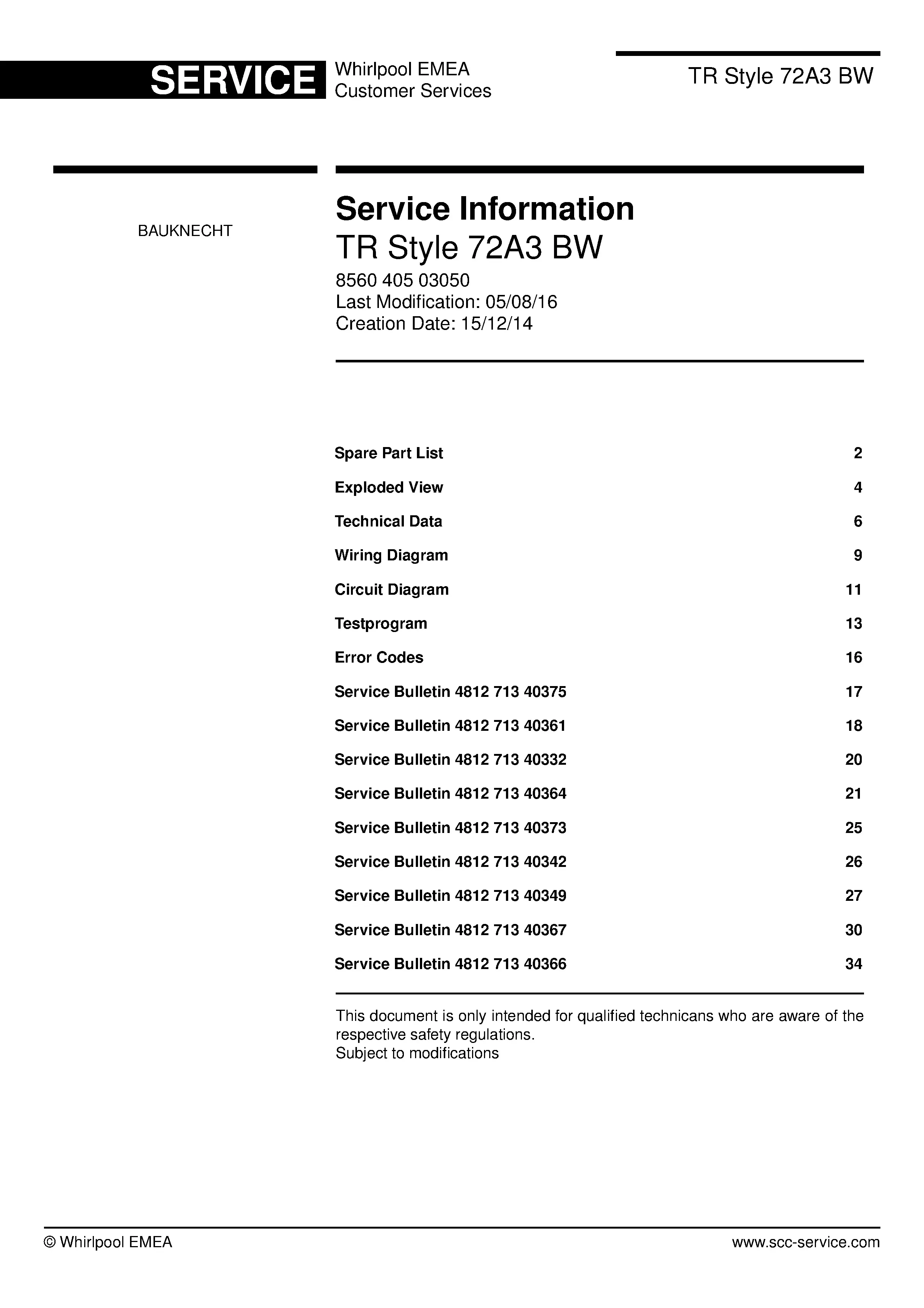 Bauknecht tr style 72a3 bw service manual cover dryer type and model code, publication date and manual contents