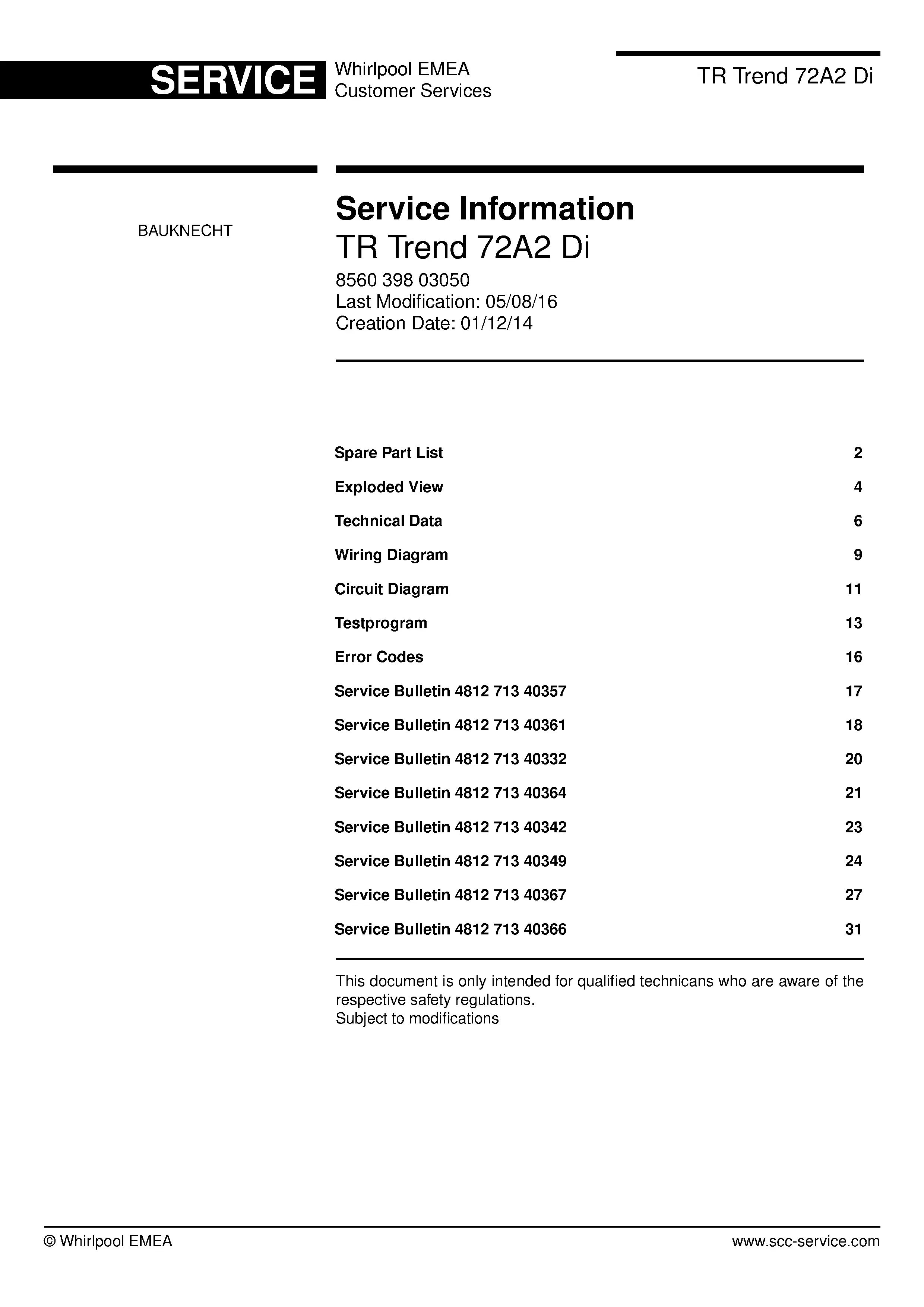 Bauknecht tr trend 72a2 di service manual cover dryer type and model code, publication date and manual contents