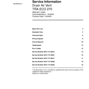 Bauknecht tra eco 270 service manual cover dryer type and model code, publication date and manual contents
