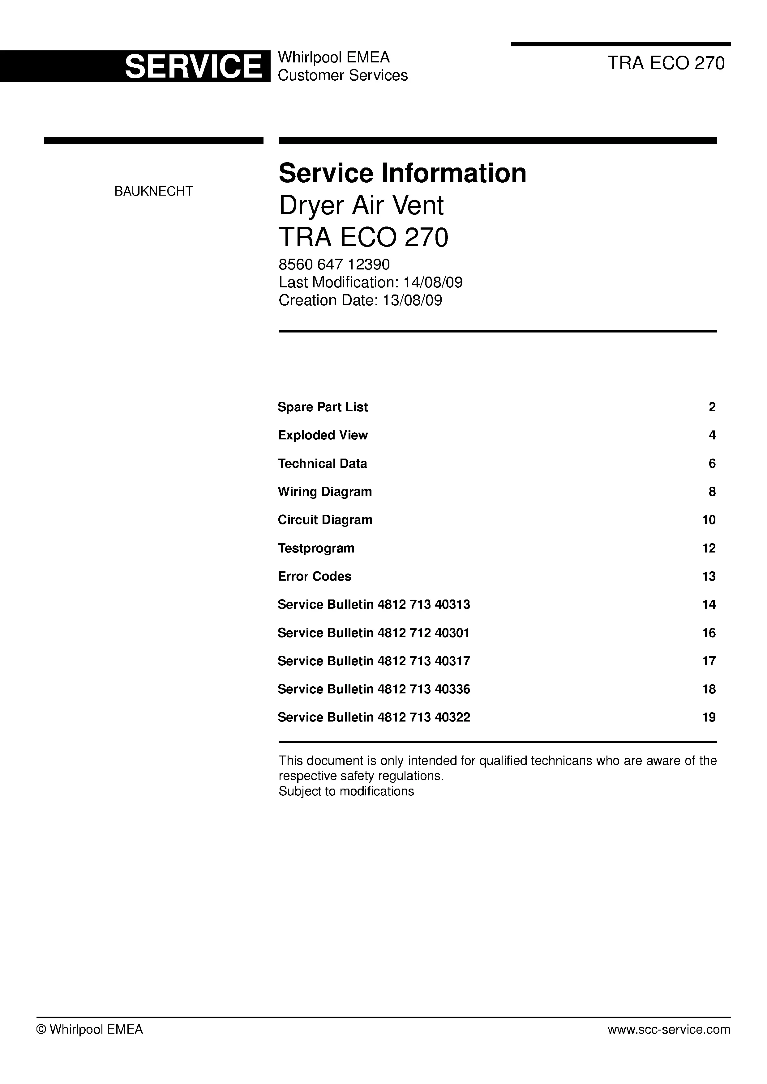 Bauknecht tra eco 270 service manual cover dryer type and model code, publication date and manual contents
