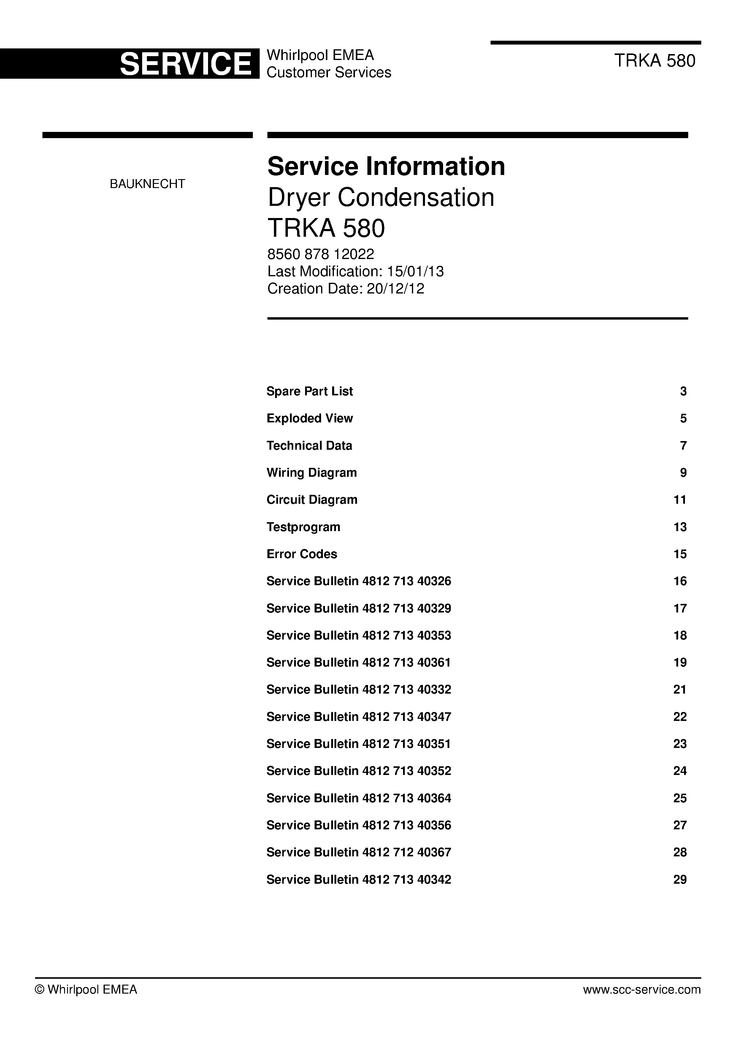 Bauknecht trka 580 service manual cover dryer type and model code, publication date and manual contents