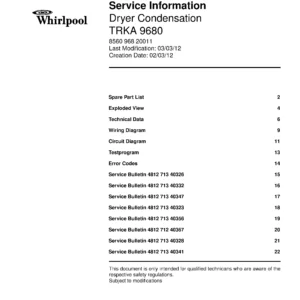 Bauknecht trka 9680 service manual cover dryer type and model code, publication date and manual contents