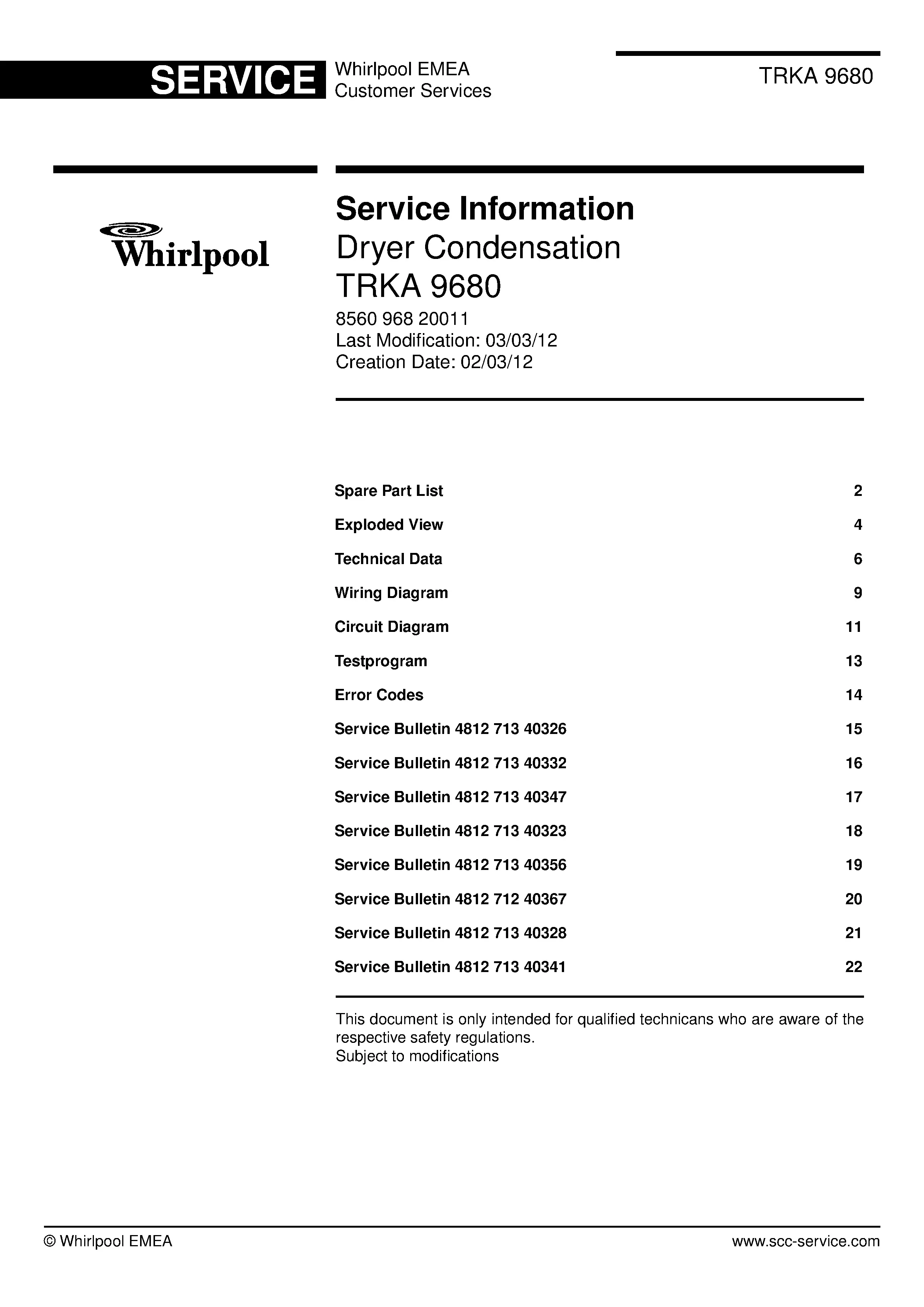 Bauknecht trka 9680 service manual cover dryer type and model code, publication date and manual contents