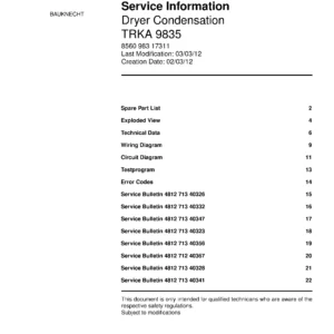Bauknecht trka 9835 service manual cover dryer type and model code, publication date and manual contents