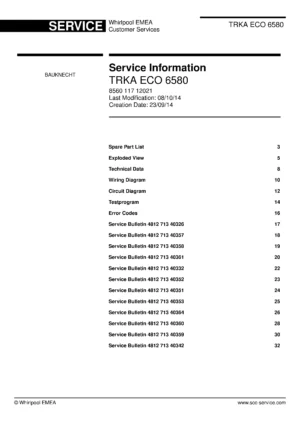 Bauknecht trka eco 6580 service manual cover dryer type and model code, publication date and manual contents