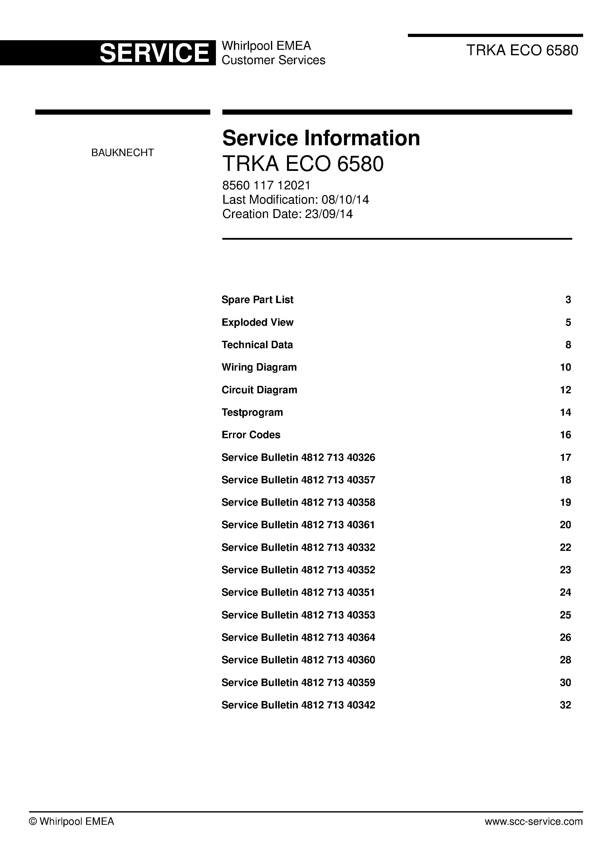 Bauknecht trka eco 6580 service manual cover dryer type and model code, publication date and manual contents