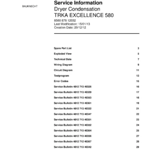 Bauknecht trka excellence 580 service manual cover dryer type and model code, publication date and manual contents