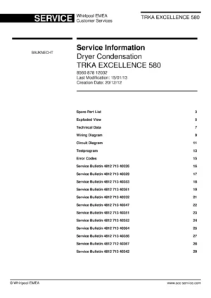 Bauknecht trka excellence 580 service manual cover dryer type and model code, publication date and manual contents