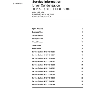 Bauknecht trka excellence 6580 service manual cover dryer type and model code, publication date and manual contents