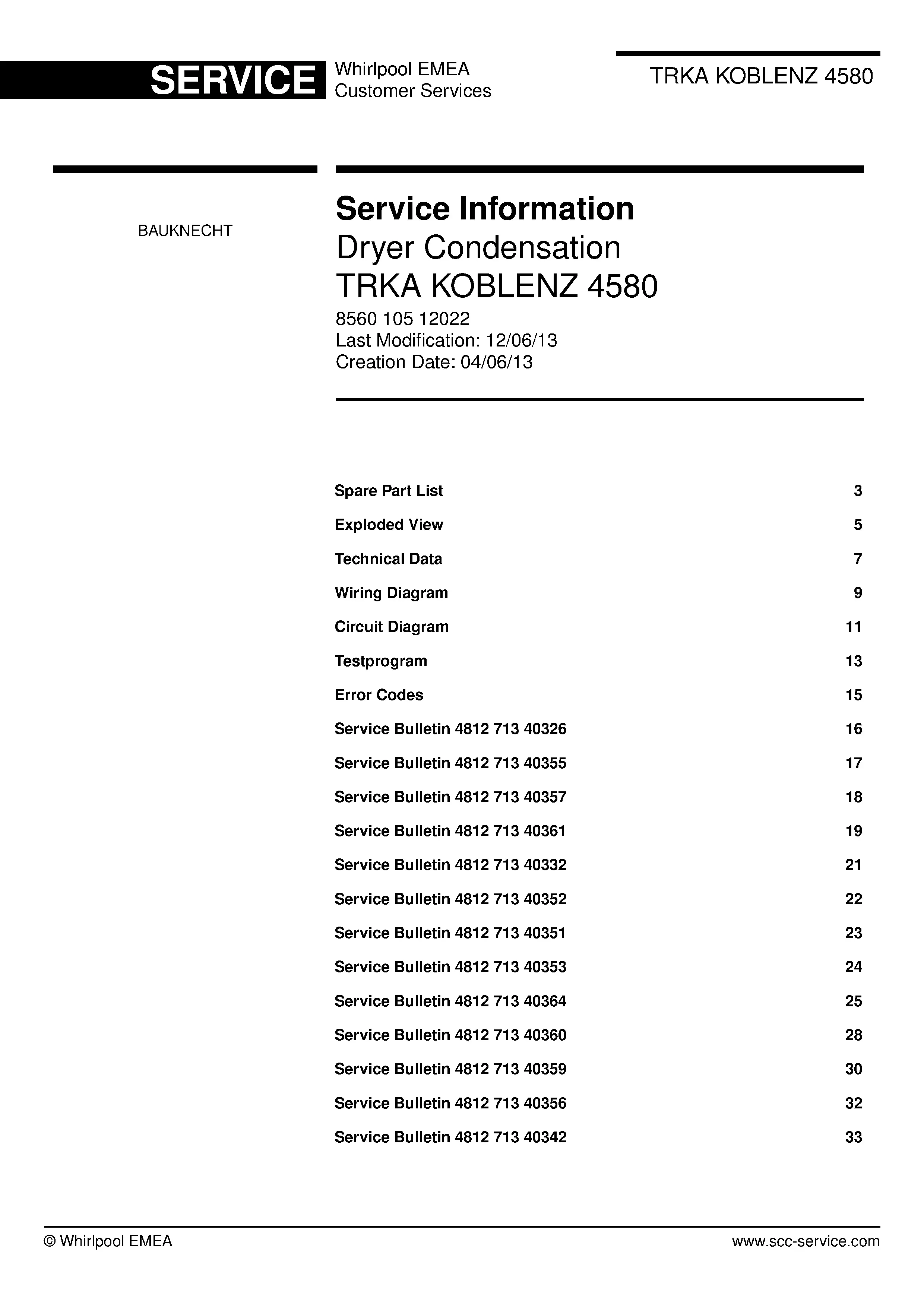 Bauknecht trka koblenz 4580 service manual cover dryer type and model code, publication date and manual contents
