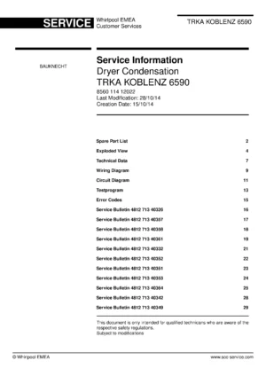 Bauknecht trka koblenz 6590 service manual cover dryer type and model code, publication date and manual contents