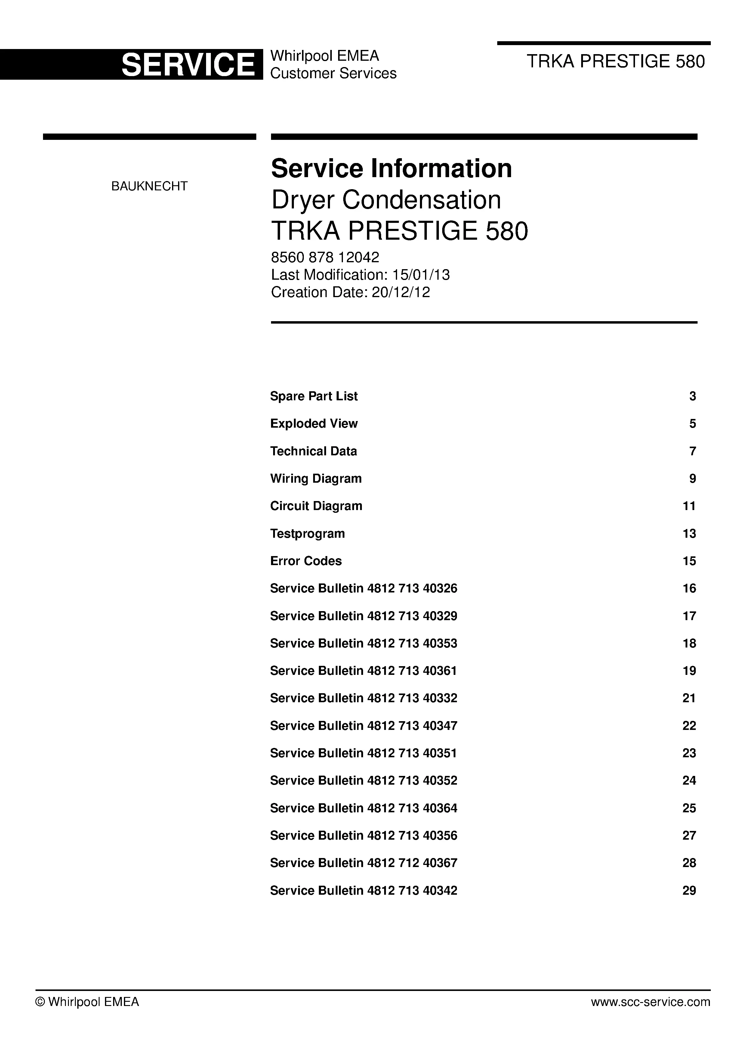 Bauknecht trka prestige 580 service manual cover dryer type and model code, publication date and manual contents