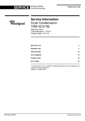 Bauknecht trw 5072 service manual cover dryer type and model code, publication date and manual contents
