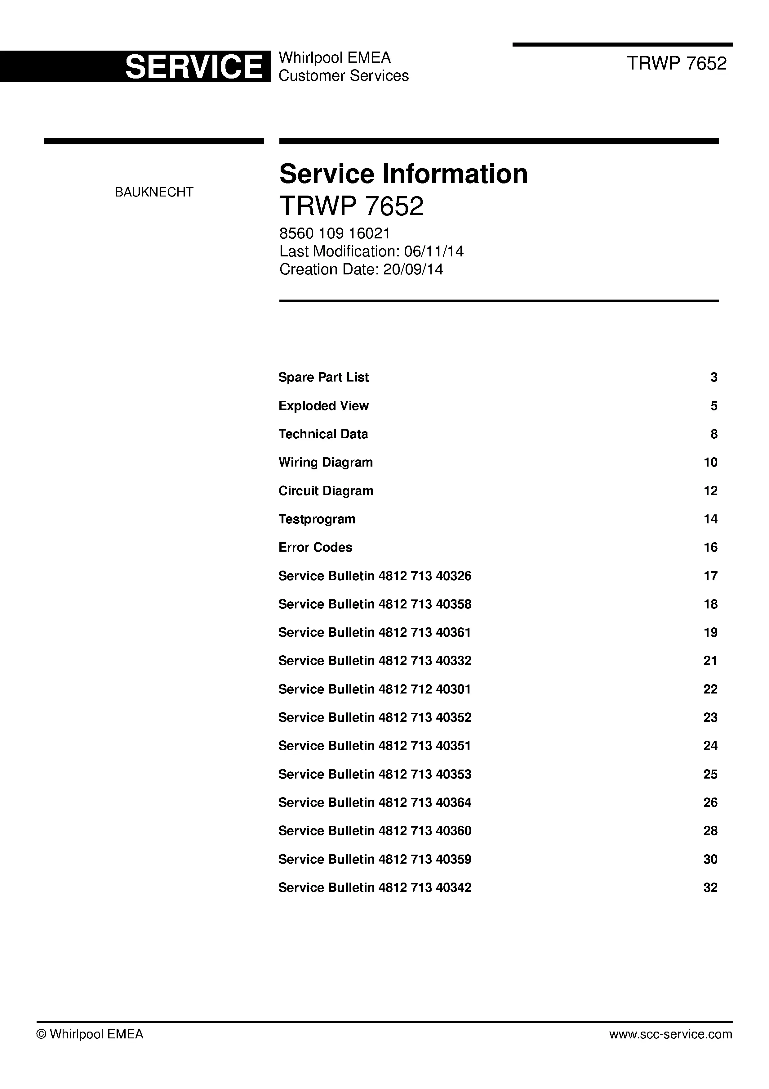 Bauknecht trwp 7652 service manual cover dryer type and model code, publication date and manual contents