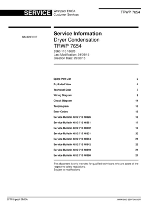 Bauknecht trwp 7654 service manual cover dryer type and model code, publication date and manual contents