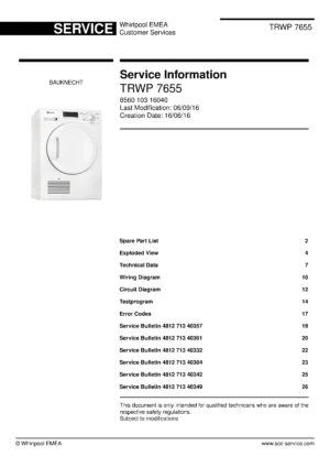 Bauknecht trwp 7655 service manual cover dryer type and model code, publication date and manual contents