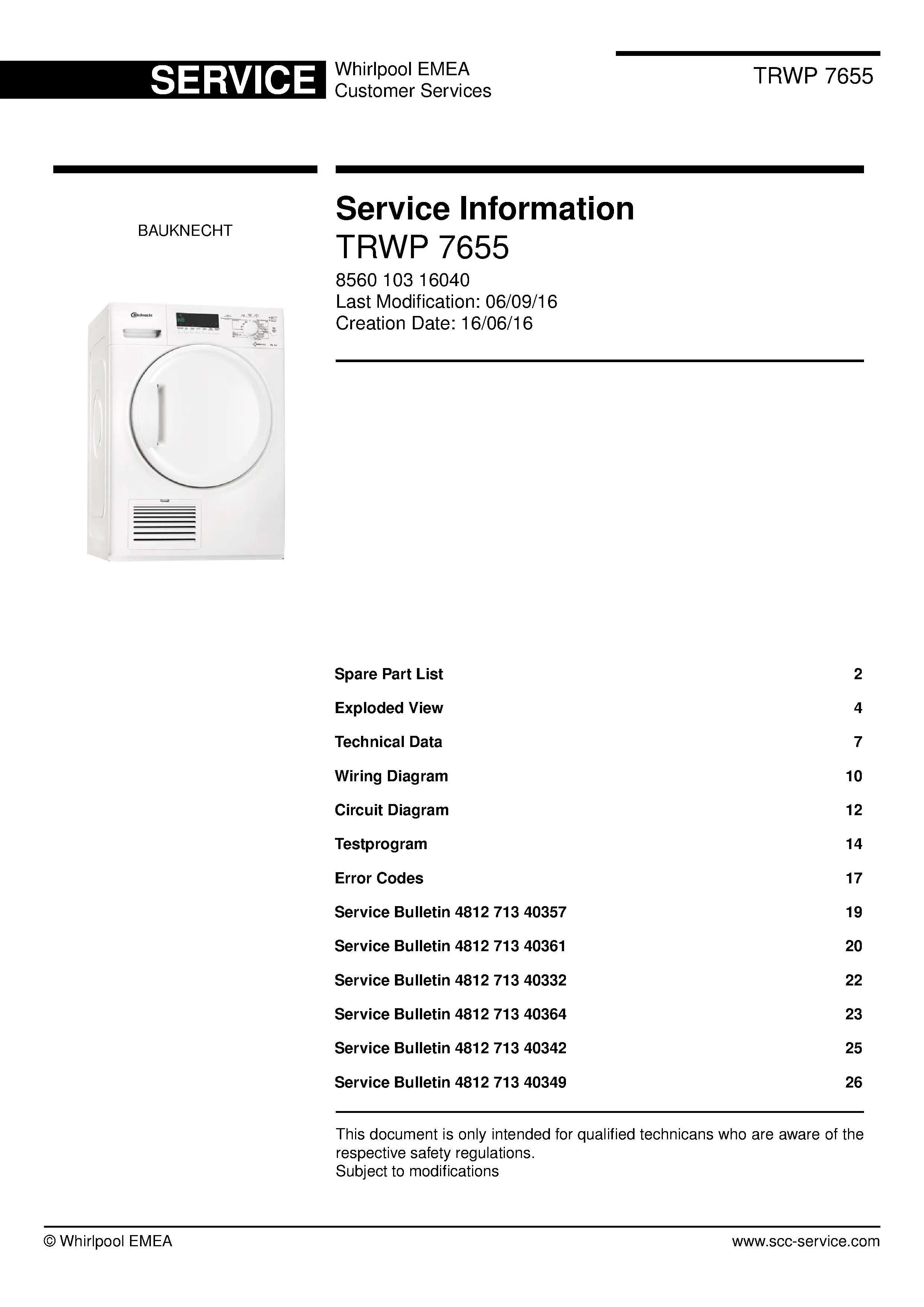Bauknecht trwp 7655 service manual cover dryer type and model code, publication date and manual contents