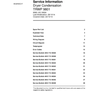 Bauknecht trwp 9801 service manual cover dryer type and model code, publication date and manual contents