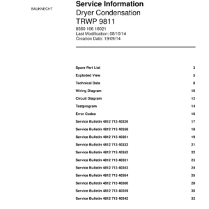 Bauknecht trwp 9811 service manual cover dryer type and model code, publication date and manual contents