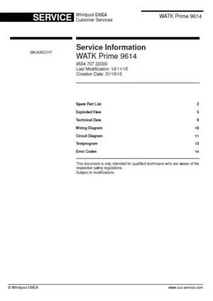 Bauknecht watk prime 9614 service manual cover dryer type and model code, publication date and manual contents