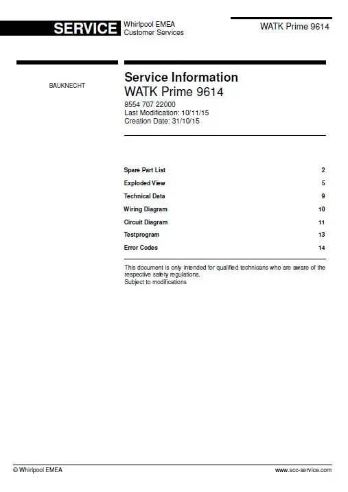 Bauknecht watk prime 9614 service manual cover dryer type and model code, publication date and manual contents