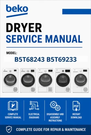 Beko b5t68243 b5t69233 service manual cover with photo's of Beko dryers, model code and contents