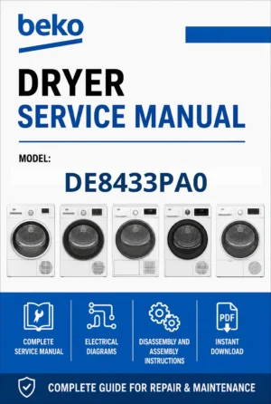 Beko de8433pa0 service manual cover with photo's of Beko dryers, model code and contents