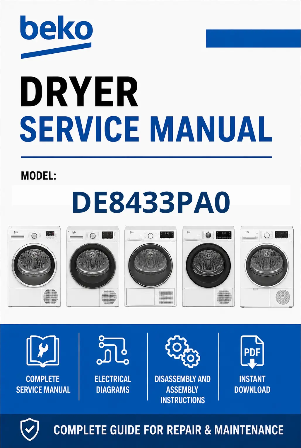 Beko de8433pa0 service manual cover with photo's of Beko dryers, model code and contents