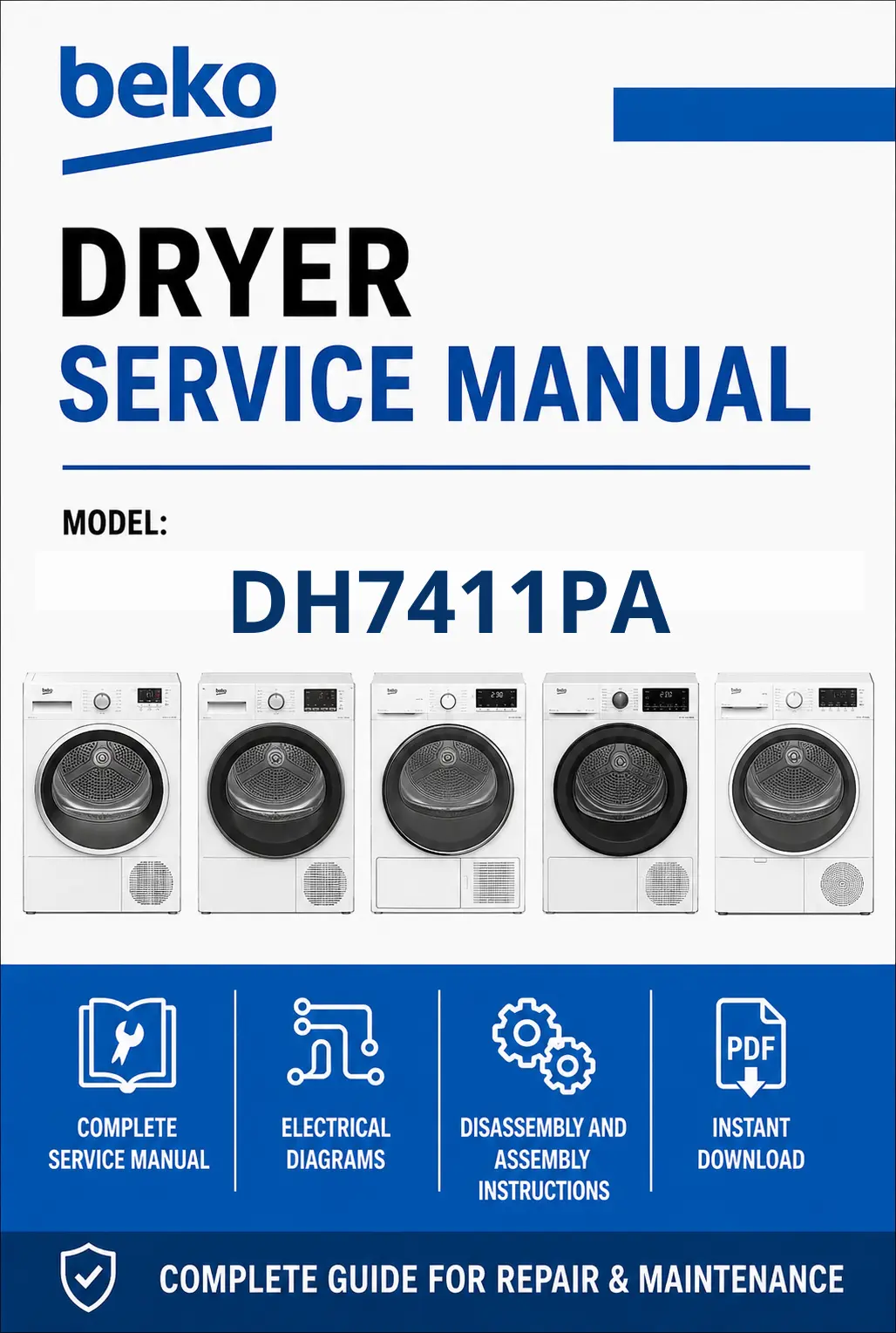 Beko dh 7411 pa service manual cover with photo's of Beko dryers, model code and contents