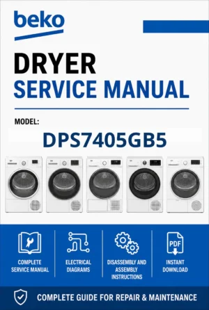 Beko dps 7405 g b5 service manual cover with photo's of Beko dryers, model code and contents