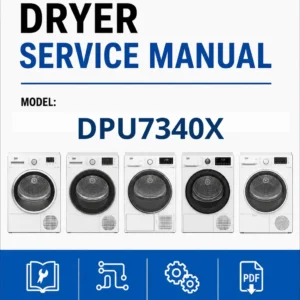 Beko dpu 7340 x service manual cover with photo's of Beko dryers, model code and contents