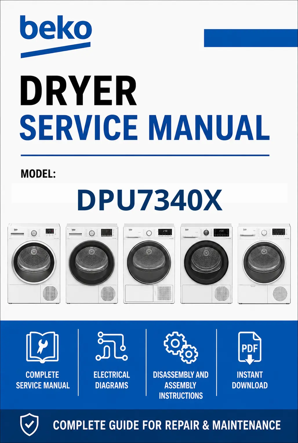 Beko dpu 7340 x service manual cover with photo's of Beko dryers, model code and contents