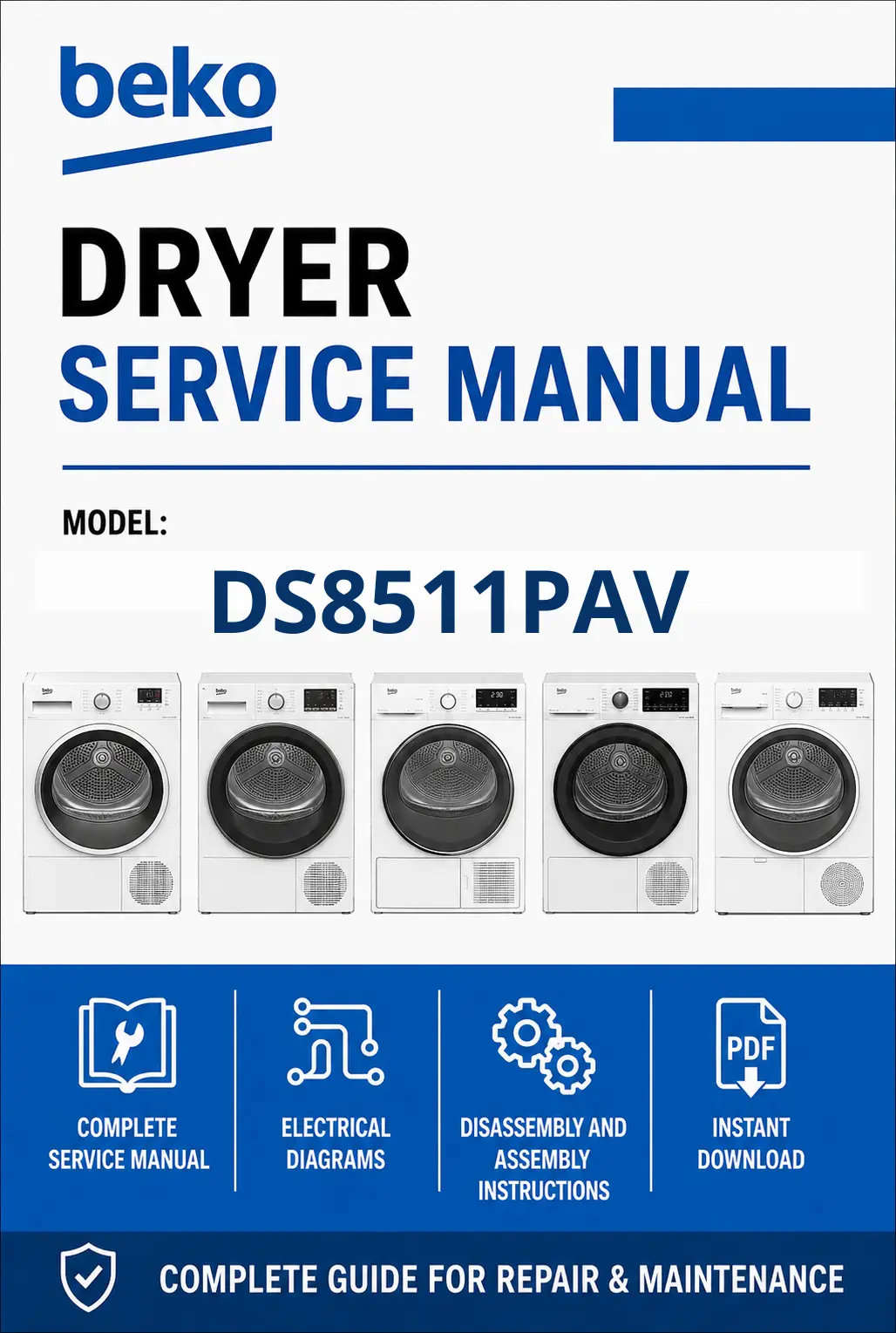 Beko ds8511pav service manual cover with photo's of Beko dryers, model code and contents