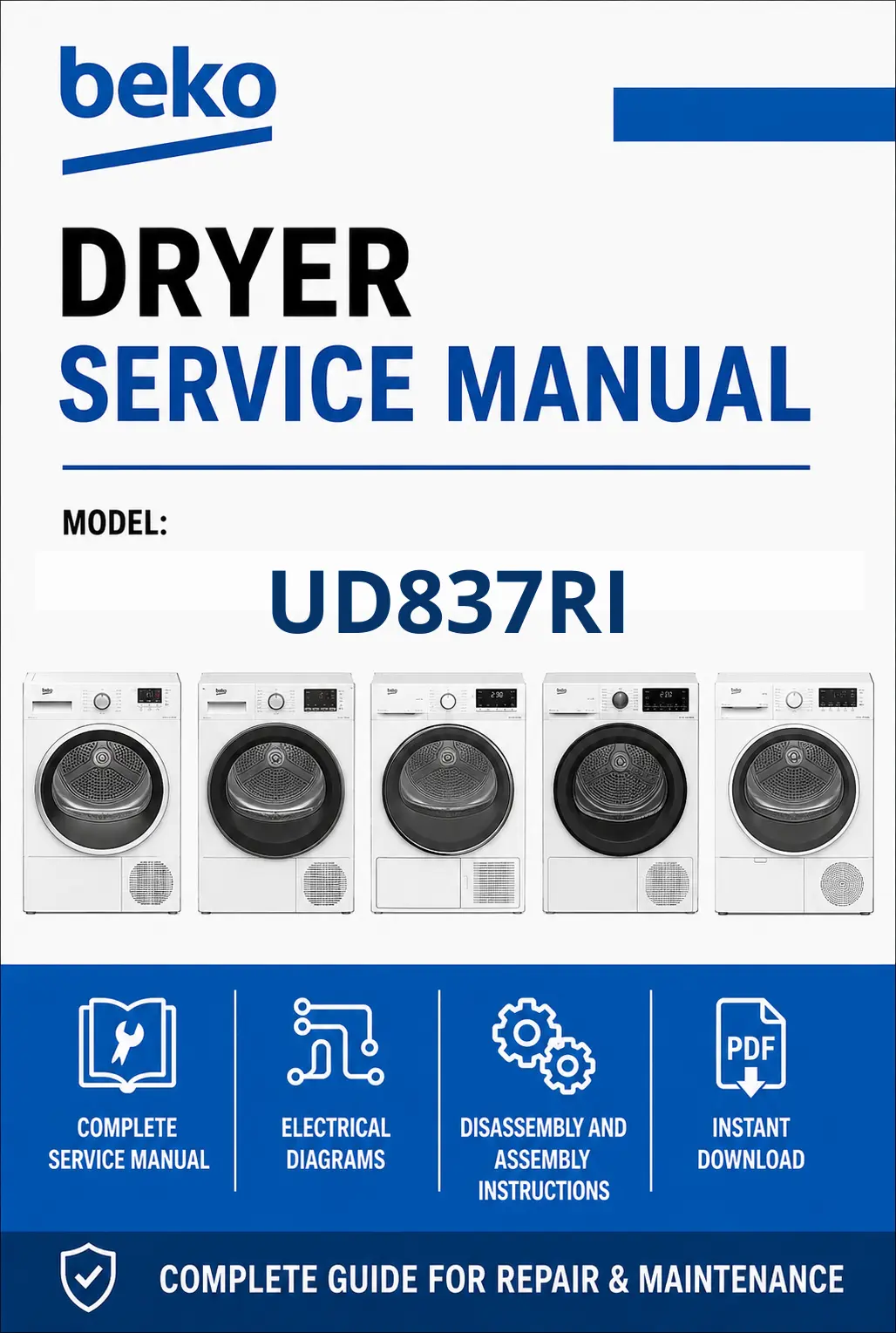 Beko ud837ri service manual cover with photo's of Beko dryers, model code and contents