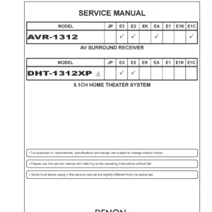 Denon avr 1312 1312xp service manual cover with photo of the receiver, model type and code, manual contents.