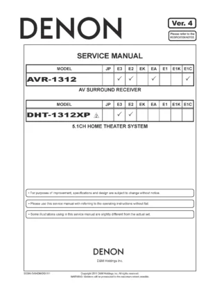 Denon avr 1312 1312xp service manual cover with photo of the receiver, model type and code, manual contents.