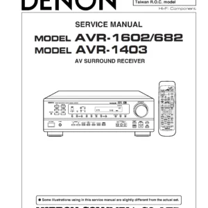 Denon avr 1403 1602 682 service manual cover with photo of the receiver, model type and code, manual contents.