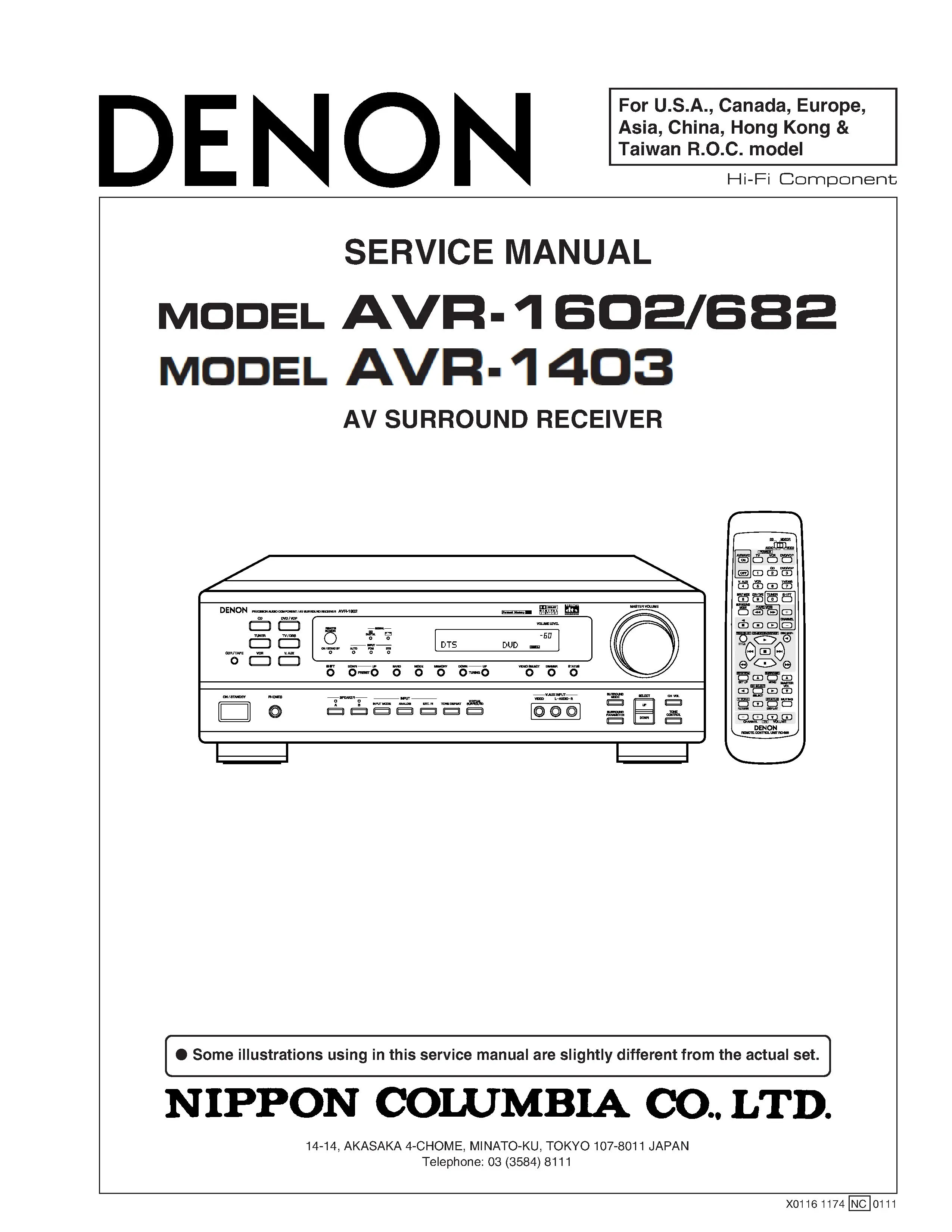 Denon avr 1403 1602 682 service manual cover with photo of the receiver, model type and code, manual contents.