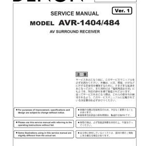 Denon avr 1404 484 service manual cover with photo of the receiver, model type and code, manual contents.