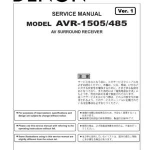 Denon avr 1505 485 service manual cover with photo of the receiver, model type and code, manual contents.