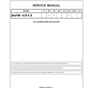 Denon avr 1513 service manual cover with photo of the receiver, model type and code, manual contents.