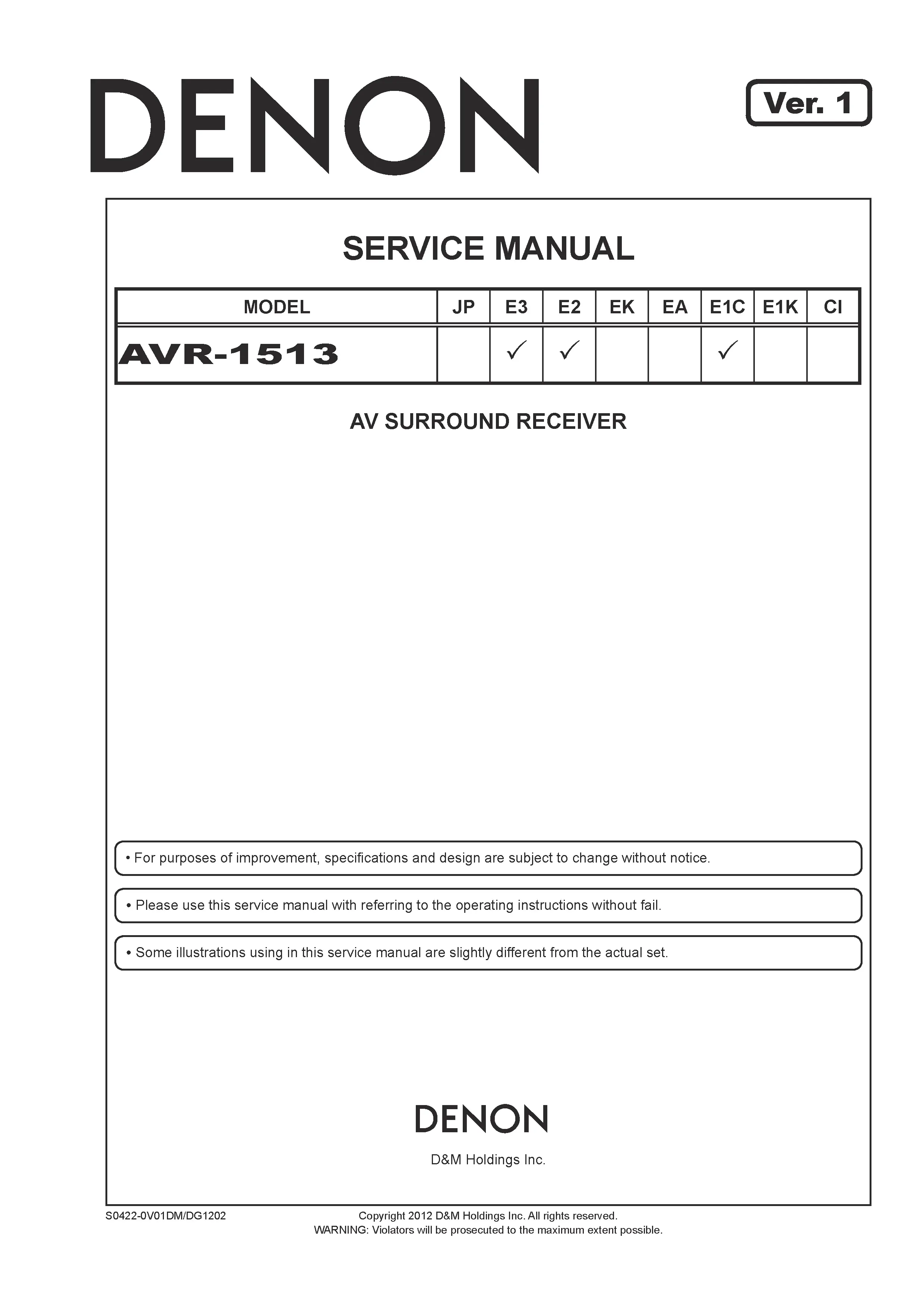 Denon avr 1513 service manual cover with photo of the receiver, model type and code, manual contents.