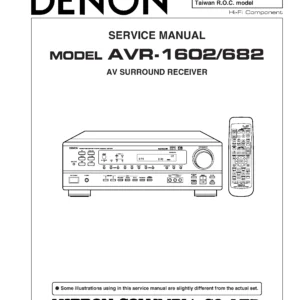 Denon avr 1602 682 service manual cover with photo of the receiver, model type and code, manual contents.