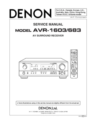 Denon avr 1603 683 service manual cover with photo of the receiver, model type and code, manual contents.
