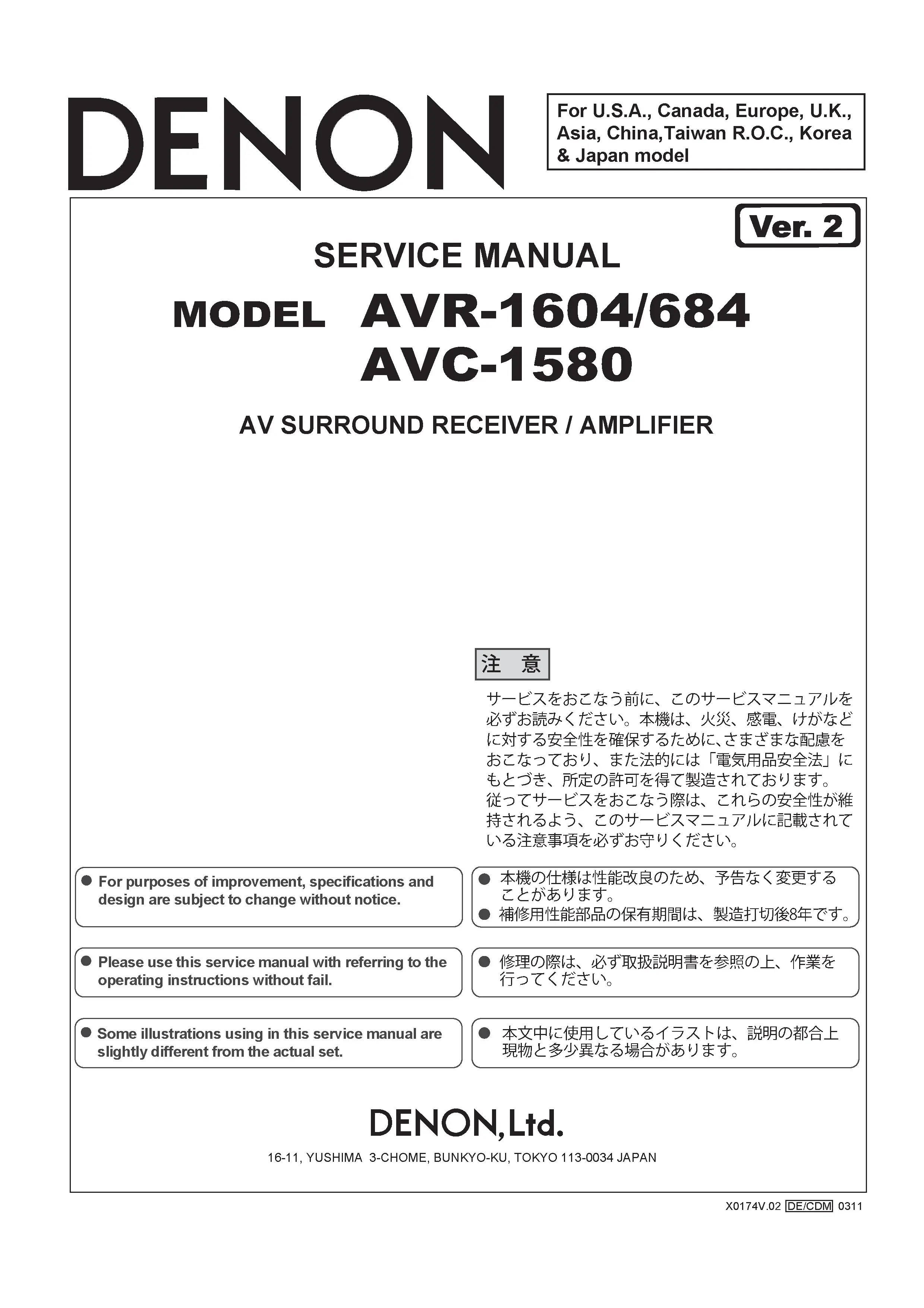 Denon avr 1604 684 service manual cover with photo of the receiver, model type and code, manual contents.