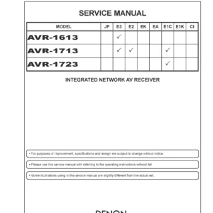 Denon avr 1613 1713 1723 service manual cover with photo of the receiver, model type and code, manual contents.