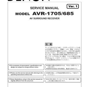 Denon avr 1705 685 service manual cover with photo of the receiver, model type and code, manual contents.
